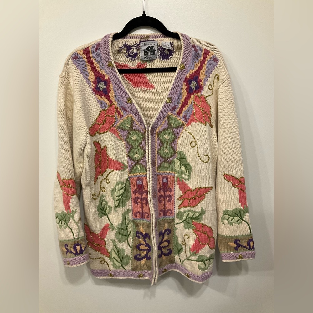 Storybook Knits Multicolor Hand knit Leaf print Cottage Core Cardigan Sz L